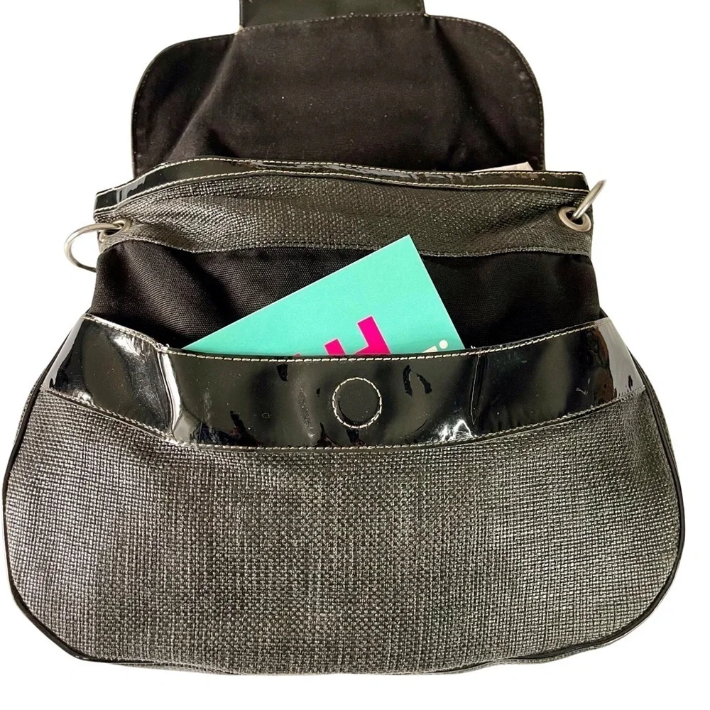 White House Black Market Hobo Chain Satchel Black Shoulder Bag WovenCanvas Vinyl